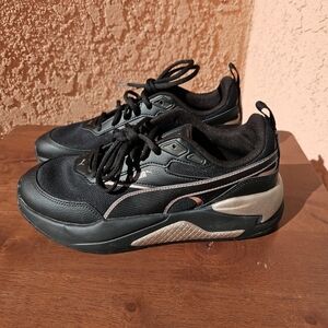 Puma Cassia Metallic Shine Sneakers Shoes Black Rose Gold Lace-Up Leather Sz 10